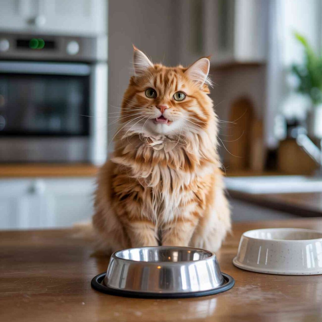 chat miaule en me regardant devant sa gamelle vide