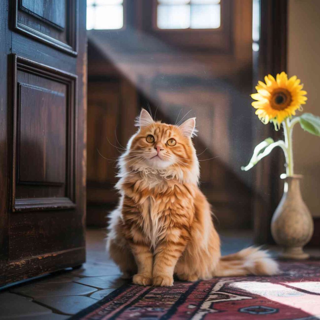 chat miaule en me regardant près de la porte d’entrée