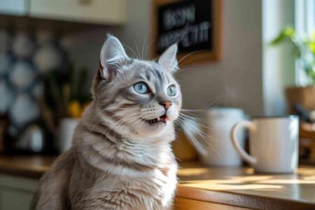 chat miaule en me regardant dans une cuisine avec une expression vive