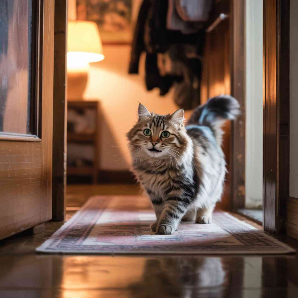 chat miaule en me regardant dans le couloir de la maison