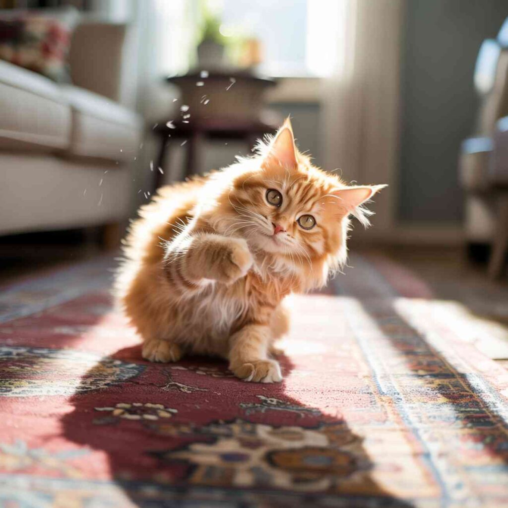 mon chat miaule et tourne en rond en jouant de manière agitée Title Chat roux jouant nerveusement sur un tapis ensoleillé Caption (légende) Comportement agité d’un chat en pleine journée : que signifie ce jeu nerveux lorsqu’on observe que mon chat miaule et tourne en rond ? Description WordPress Ce chat roux, au pelage dense et soyeux, joue frénétiquement dans un salon baigné de lumière. Ses mouvements rapides, presque désordonnés, traduisent une excitation inhabituelle. Dans certains cas, ce type de comportement, associé au fait que mon chat miaule et tourne en rond, peut signaler un besoin de stimulation mentale ou physique non comblé. L’image illustre bien cette frontière floue entre jeu excessif et agitation, soulignant l’importance de bien connaître les habitudes de son chat pour déceler tout changement anormal.