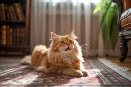 chat miaule et tourne en rond allongé sur un tapis rouge dans un salon ensoleillé