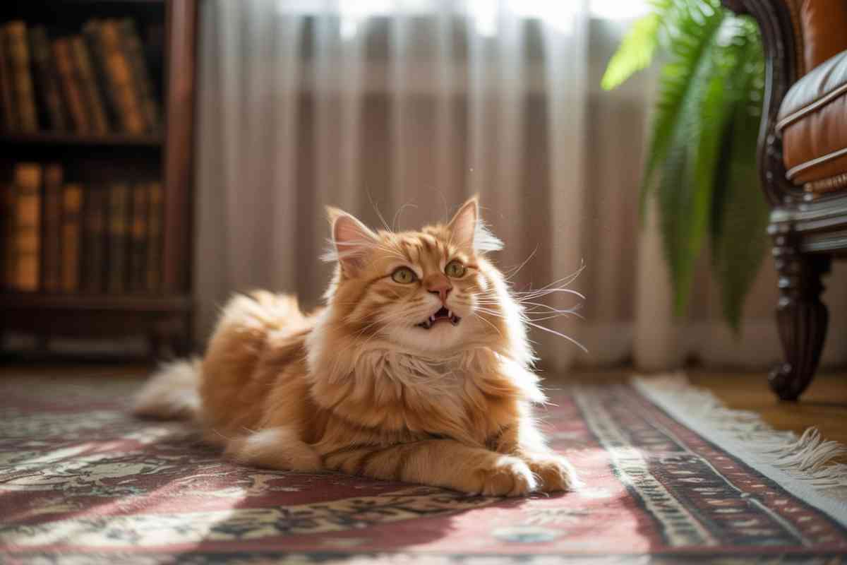 chat miaule et tourne en rond allongé sur un tapis rouge dans un salon ensoleillé