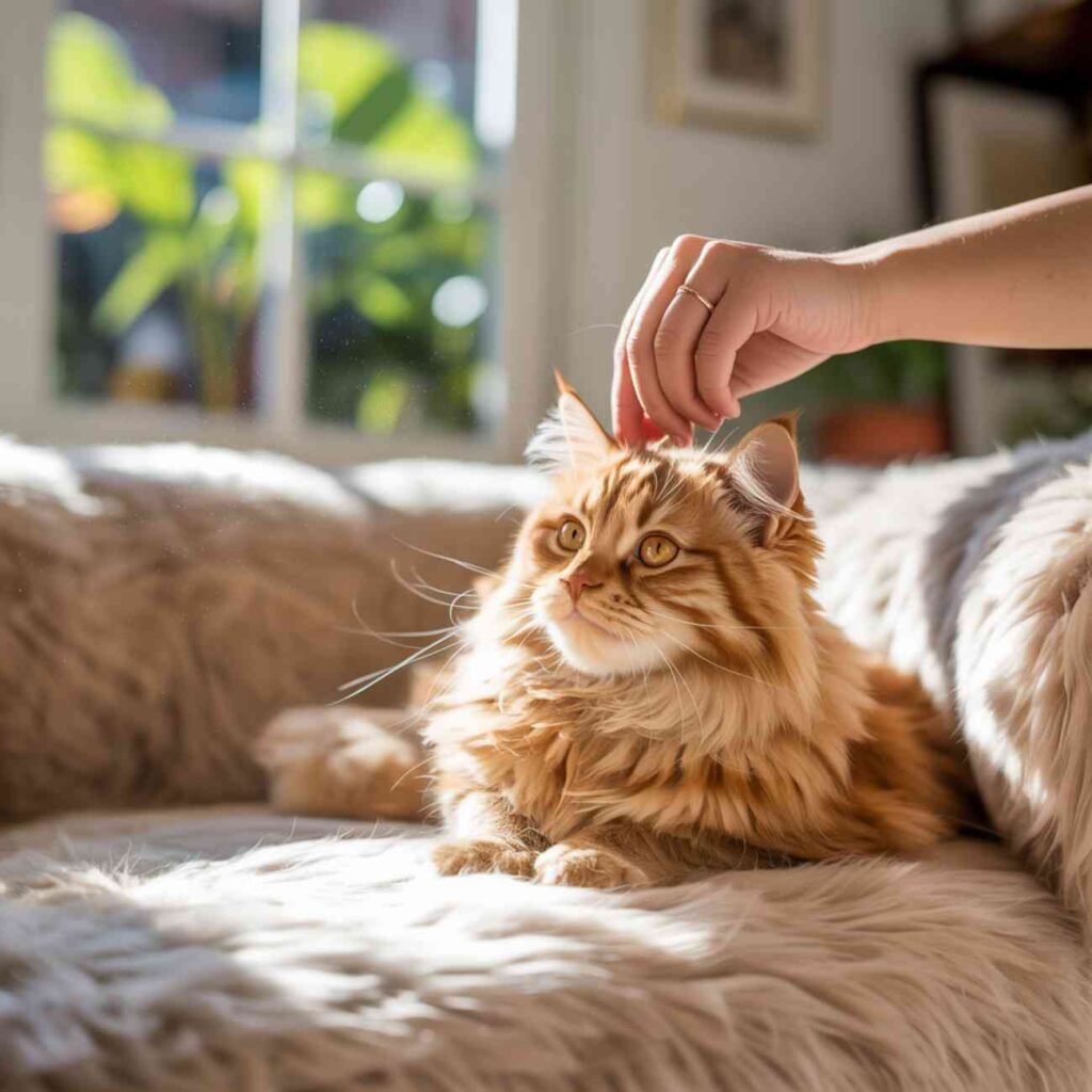 Chat miaule doucement pendant une caresse sur la tête dans un salon ensoleillé
