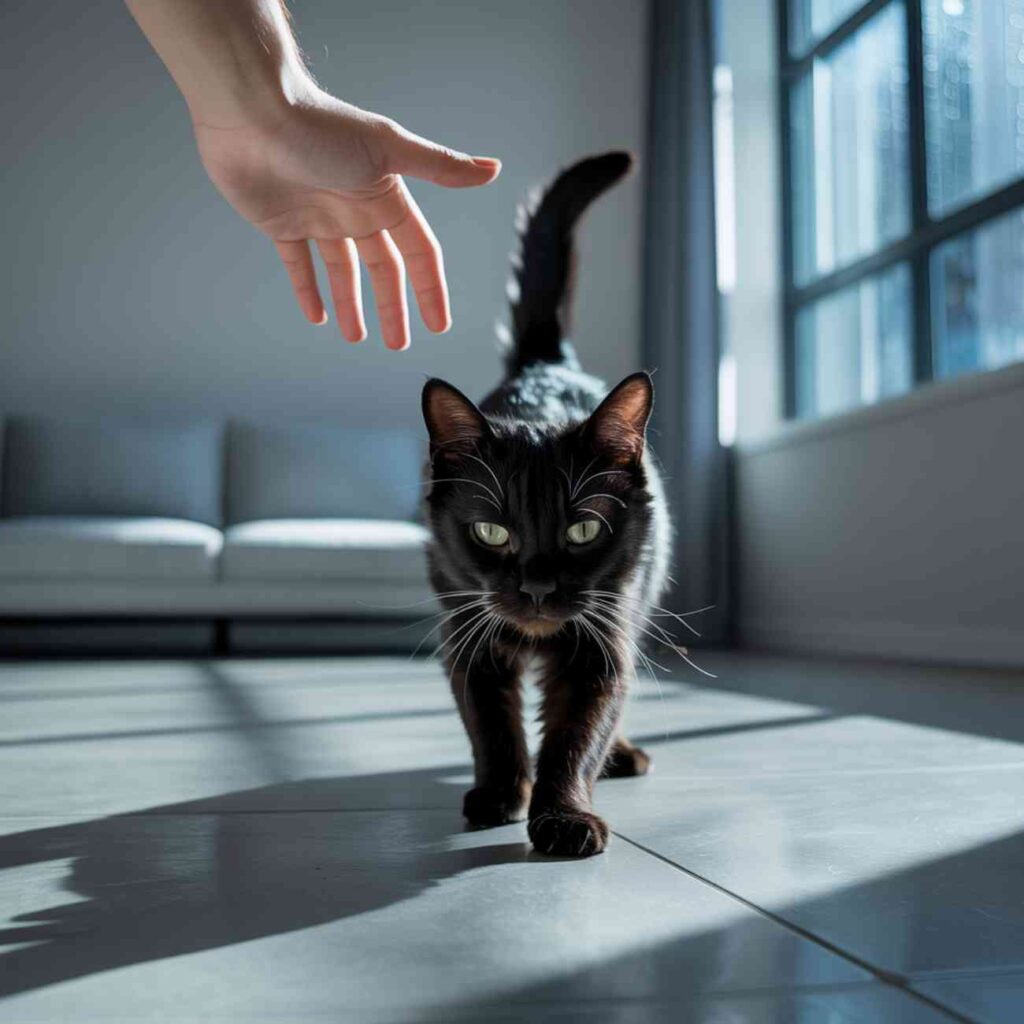 Chat miaule en voyant une main s’approcher dans un intérieur lumineux