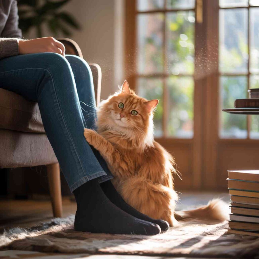 Chat miaule en s’accrochant aux jambes de son humain dans un intérieur chaleureux