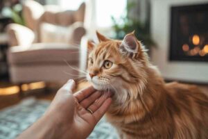 Chat miaule en recevant une caresse sous le menton dans un intérieur cosy