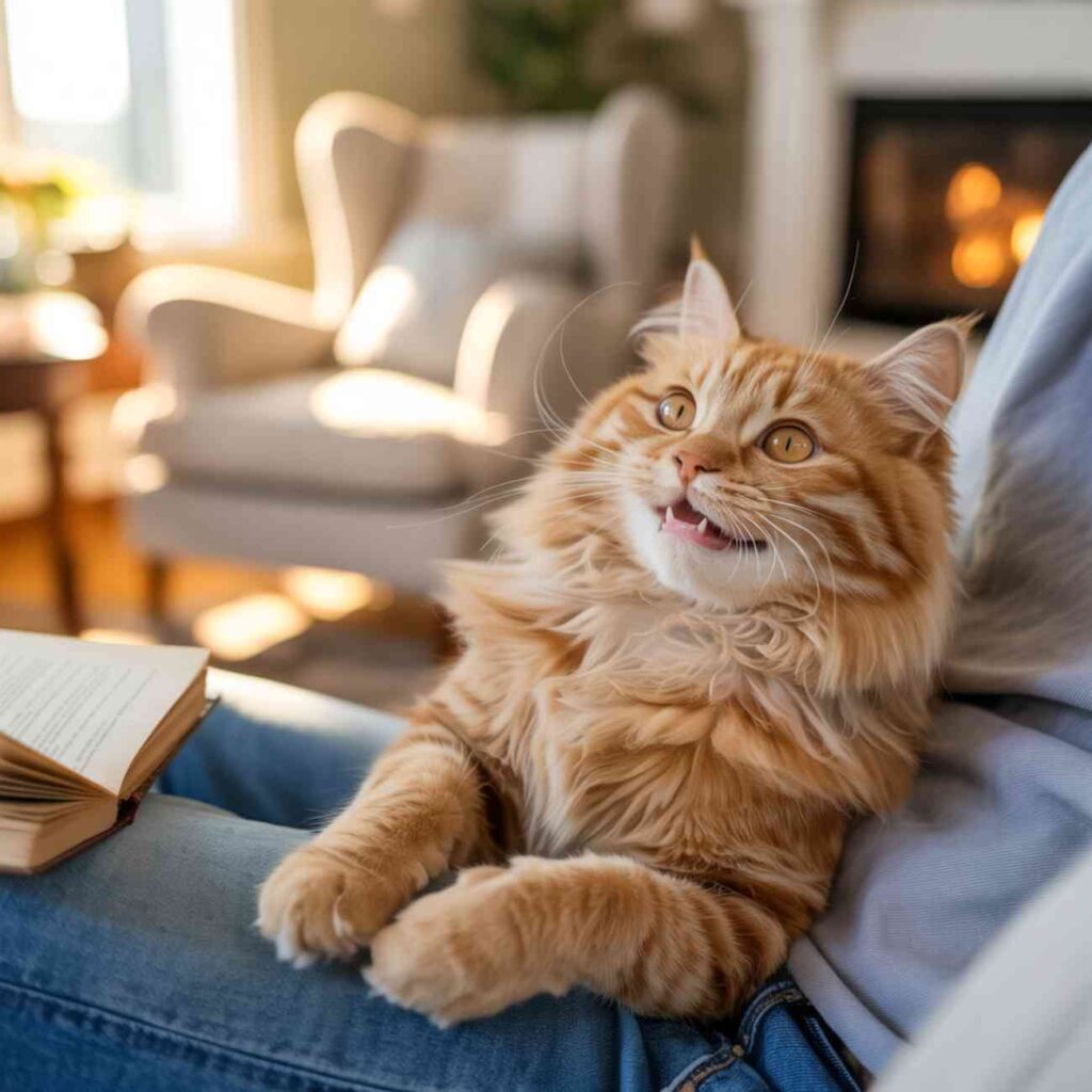 Chat miaule avec énergie sur les genoux de son maître dans un salon chaleureux