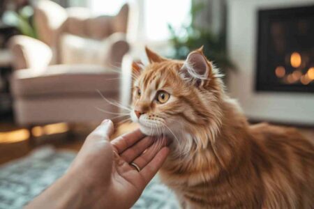 Chat miaule en recevant une caresse sous le menton dans un intérieur cosy