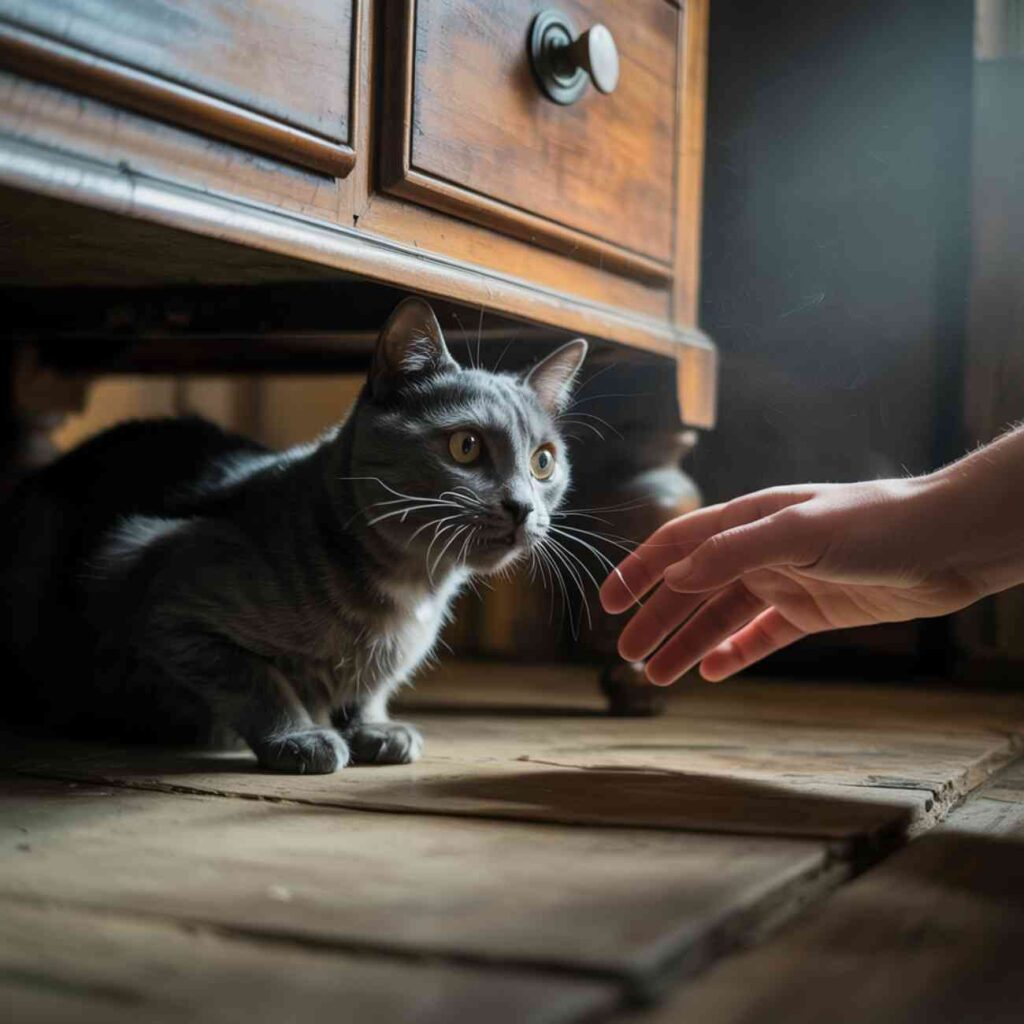 Chat miaule par peur sous un meuble face à une main humaine approchante