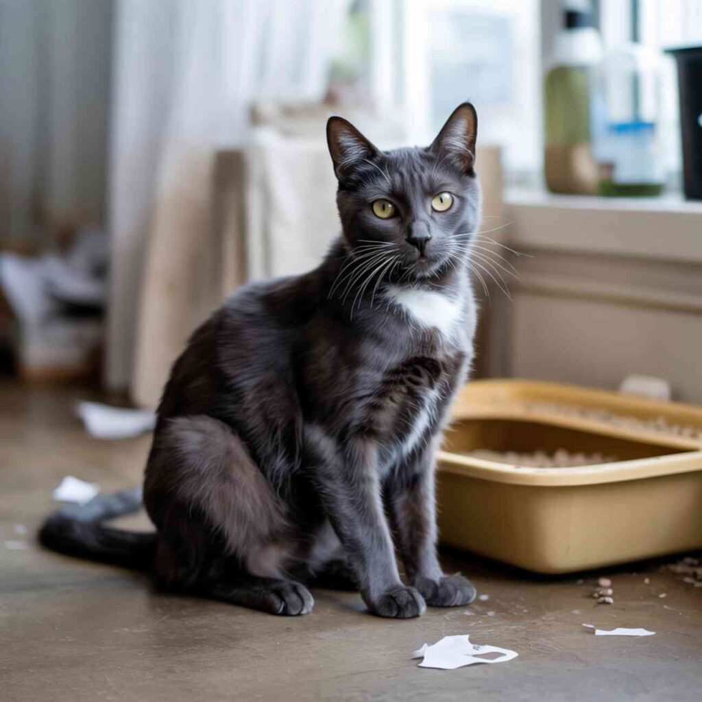 Chat miaule très fort à côté d'une litière sale