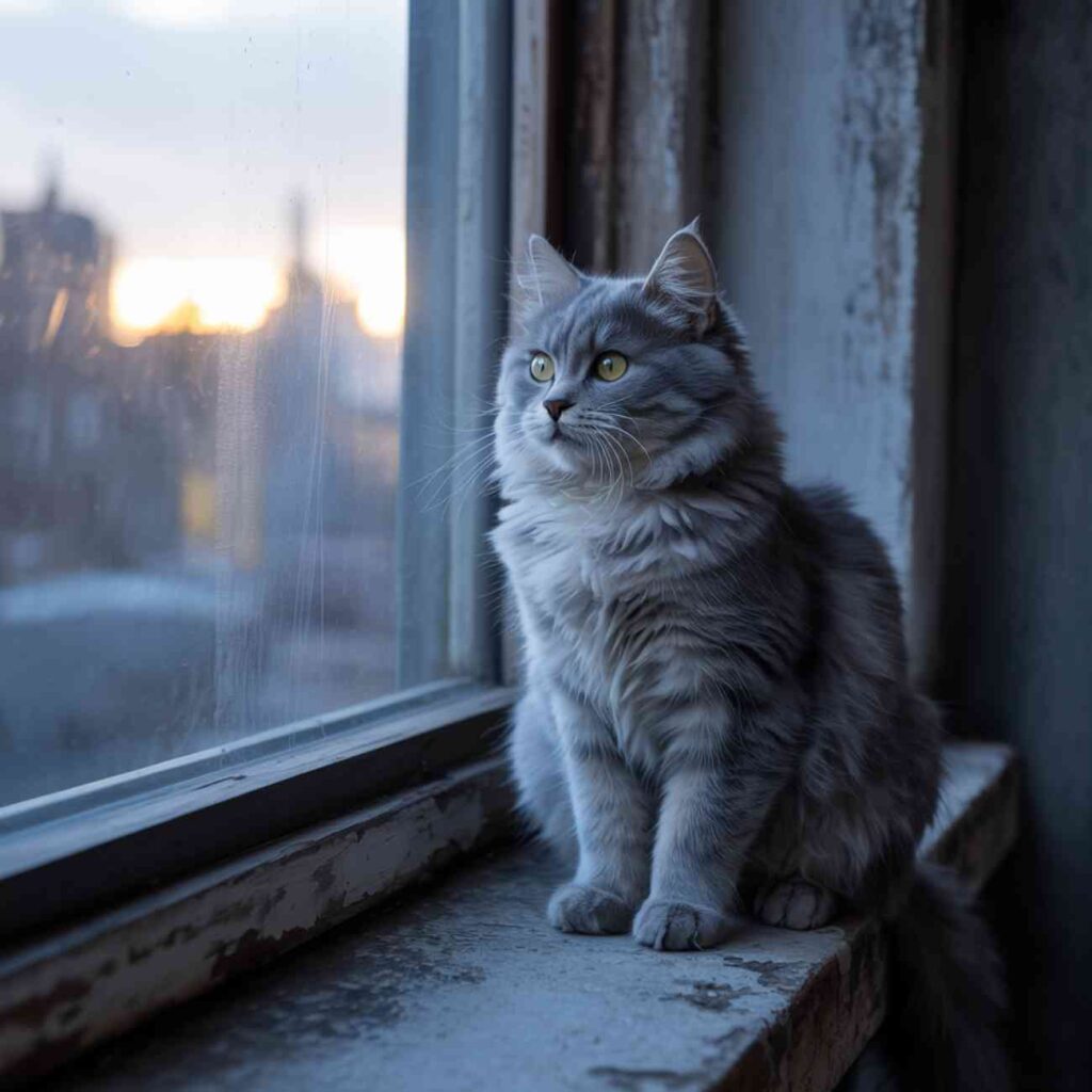 Chat miaule très fort en regardant par la fenêtre