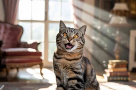 Chat miaule très fort dans un salon baigné de lumière