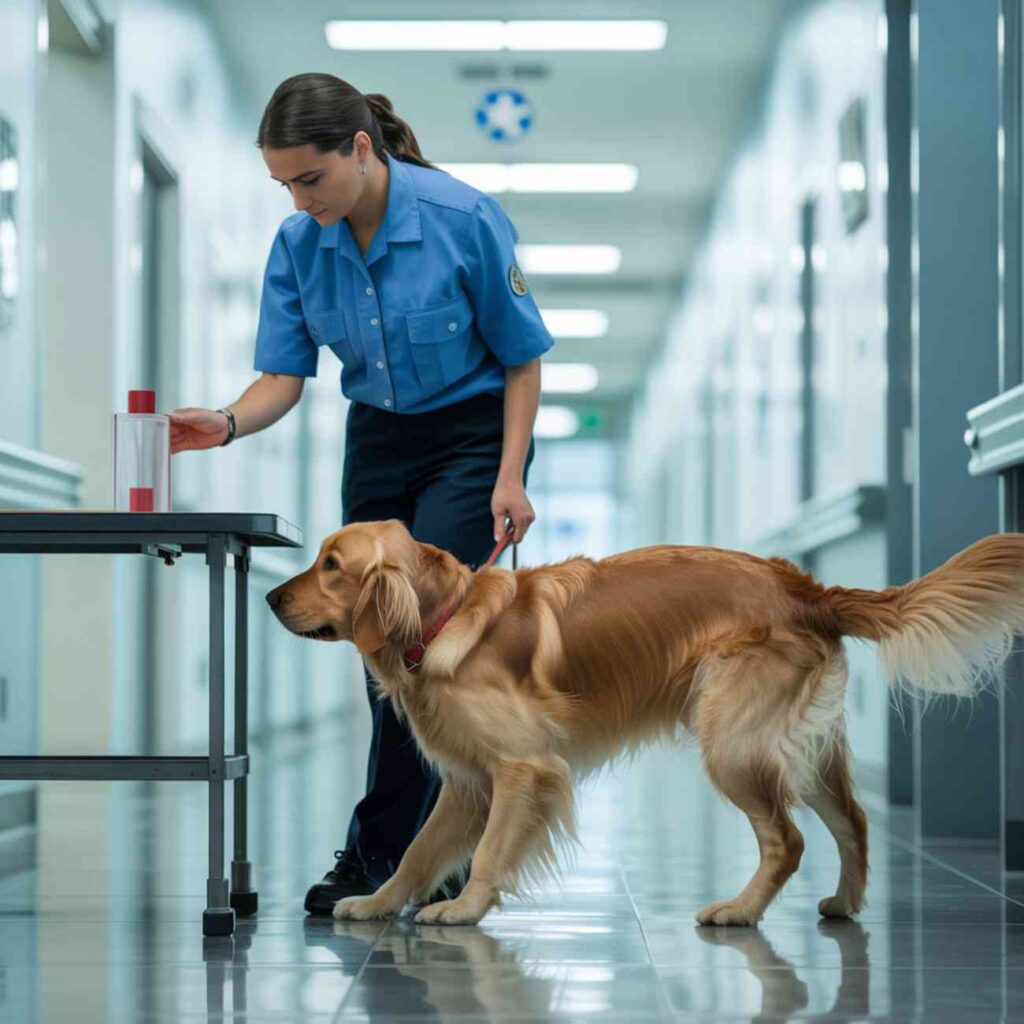 Une agente en uniforme guide un chien renifleur dans un couloir d’hôpital pour tester un échantillon posé sur une table.