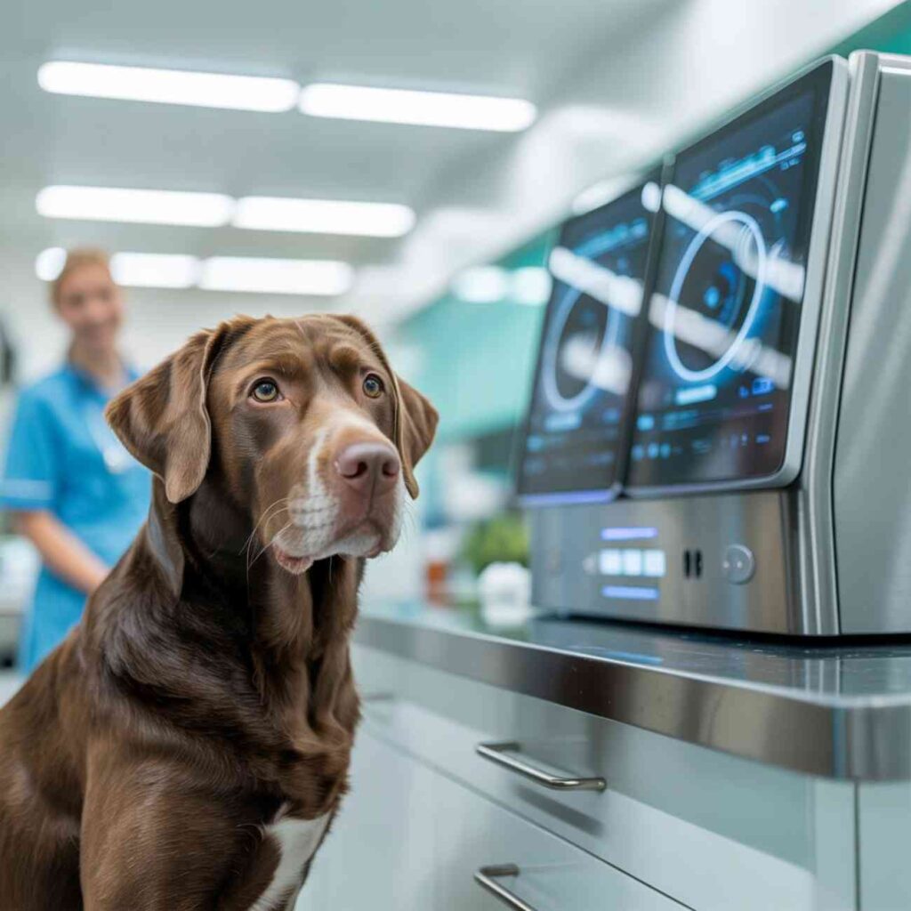 Chien de type labrador chocolat observant un écran médical dans un laboratoire high-tech avec un soignant en arrière-plan.