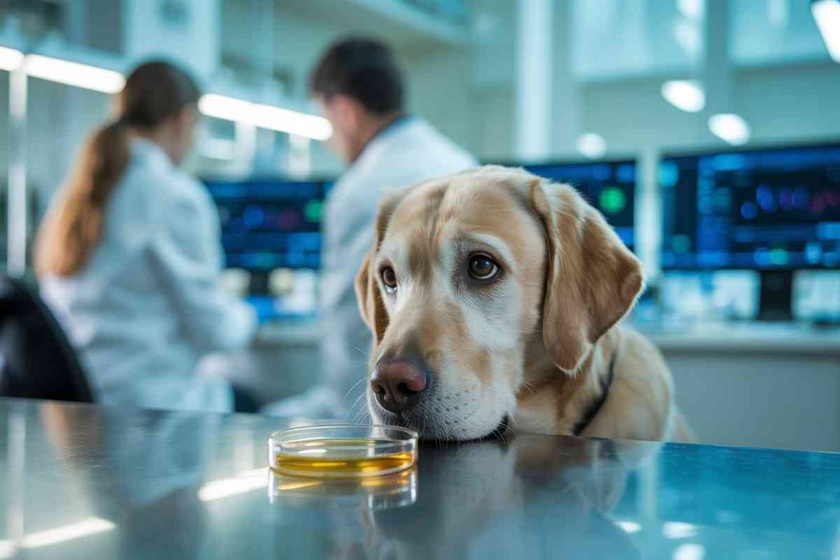 Chien labrador reniflant une boîte de Pétri sur une table de laboratoire, en présence de chercheurs en arrière-plan