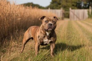 Chien de type Staffordshire Bull Terrier brun tigré debout dans un champ en été