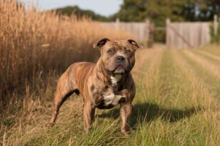 Chien de type Staffordshire Bull Terrier brun tigré debout dans un champ en été