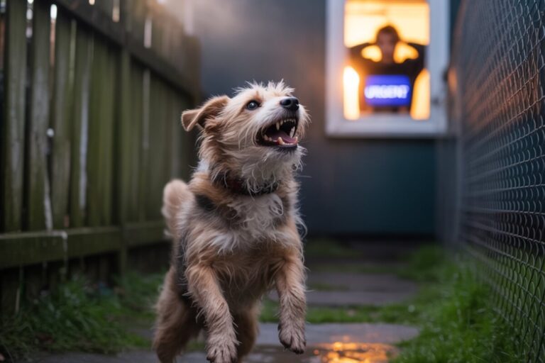 Chien qui aboie seul dans un jardin à l’aube, causant une plainte de voisinage