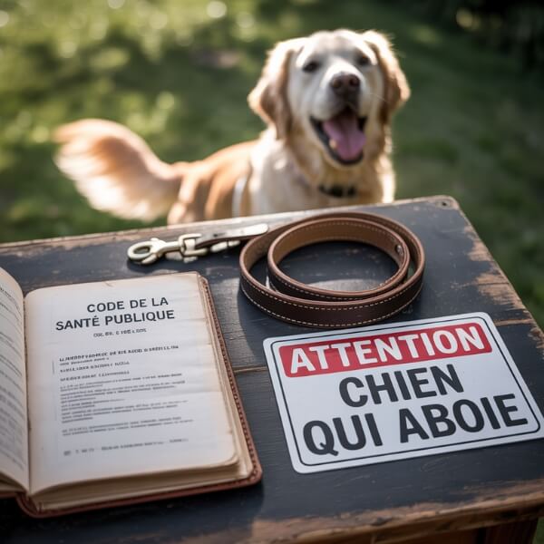 Code de la santé publique ouvert sur une table avec un avis pour chien bruyant