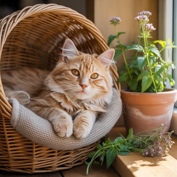 Chat roux allongé dans un panier en osier, entouré de plantes apaisantes comme la camomille ou la cataire – illustration du bien-être félin au naturel