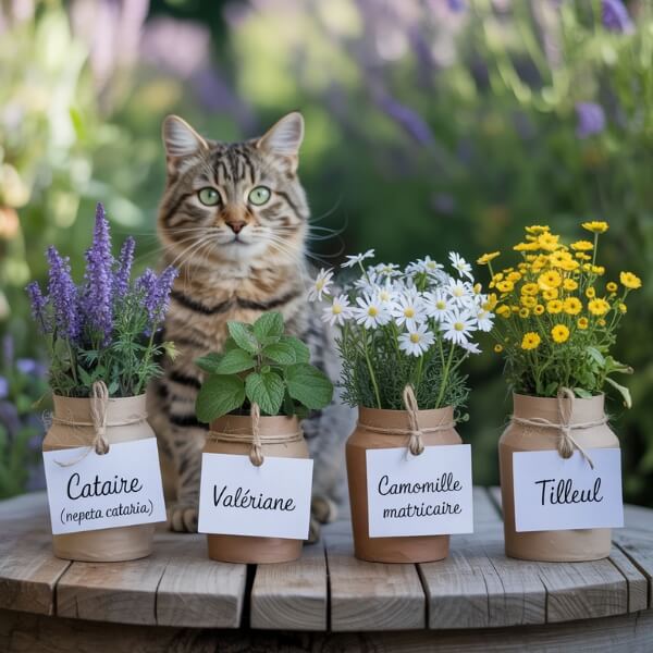 Chat assis parmi quatre plantes apaisantes pour chats : cataire, valériane, camomille et tilleul – image éducative sur les plantes bénéfiques pour le bien-être félin