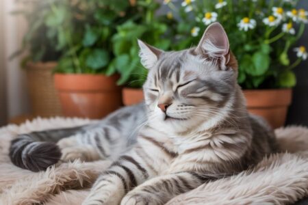Chat détendu allongé sur un coussin dans un salon paisible, entouré de plantes apaisantes naturelles – image illustrant les bienfaits des plantes apaisantes pour votre chat