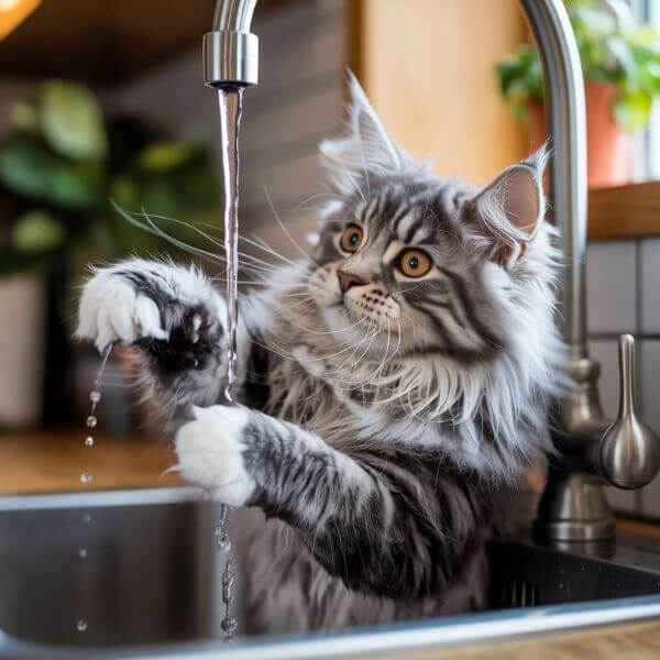 Maine Coon jouant avec un filet d’eau sous un robinet de cuisine