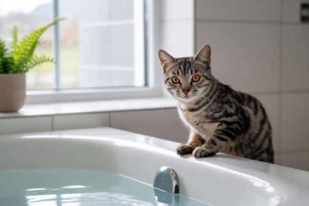 Chat tigré assis au bord d'une baignoire, observant l'eau avec méfiance