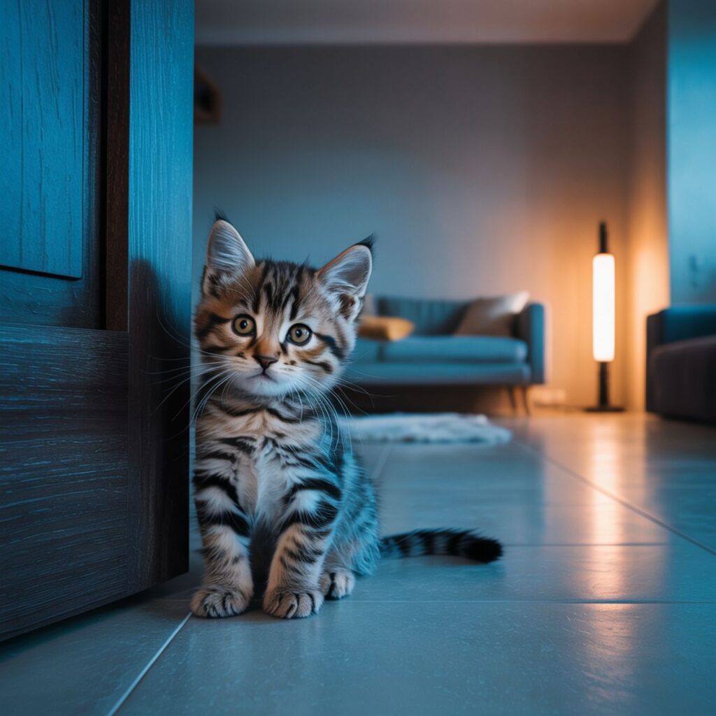 Chaton miaule la nuit devant une porte, dans un salon calme éclairé en lumière chaude, expression curieuse mêlée de solitude.