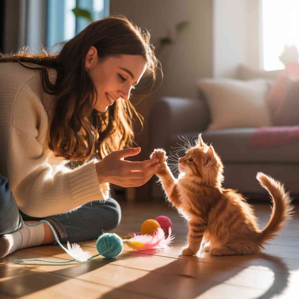 Jeu apaisant avant le coucher pour un chaton qui miaule la nuit, interaction bienveillante dans un salon ensoleillé.
