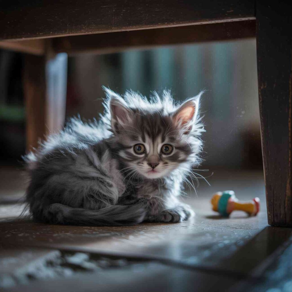 Chaton miaule la nuit recroquevillé sous une table, l’air inquiet malgré la présence d’un jouet, dans un environnement sombre.