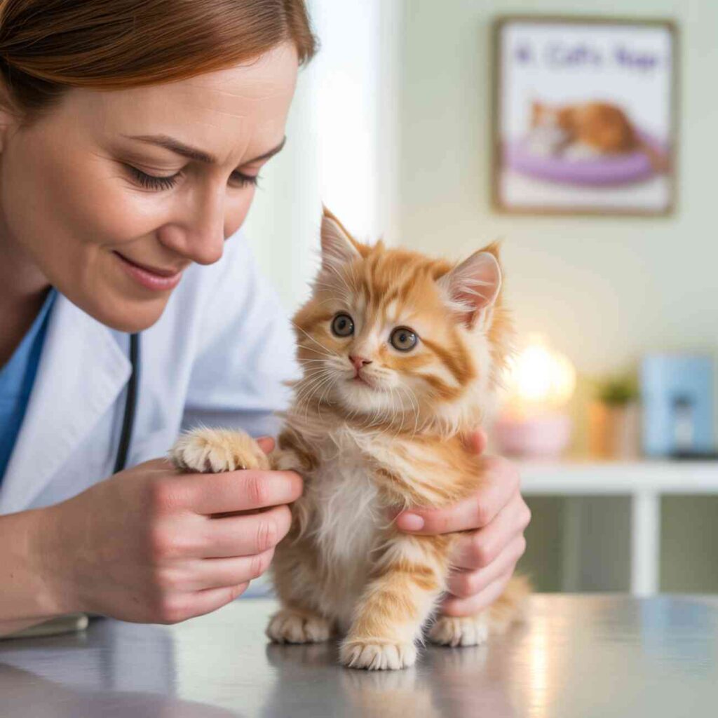 Chaton miaule la nuit et est examiné par un vétérinaire bienveillant, dans un cabinet lumineux et rassurant.