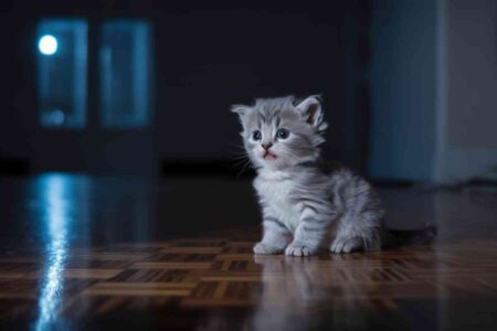 Chaton miaule la nuit dans une pièce sombre, assis seul sur un parquet éclairé par la lune, regard inquiet tourné vers la porte.