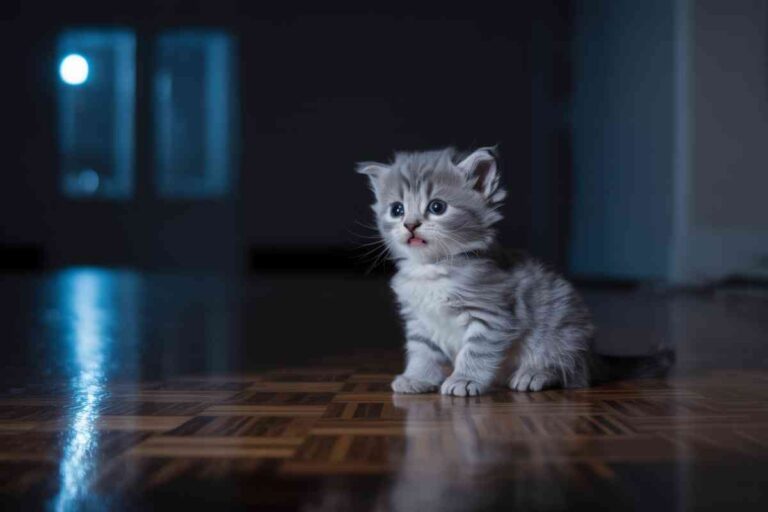Chaton miaule la nuit dans une pièce sombre, assis seul sur un parquet éclairé par la lune, regard inquiet tourné vers la porte.
