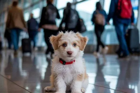 Petit chiot assis seul dans un aéroport, regard perdu, alors que des passants flous passent derrière lui.