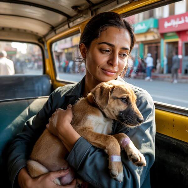 Jeune femme tenant un chiot sur ses genoux à l’arrière d’un taxi dans un pays étranger, expression attendrie sur le visage.