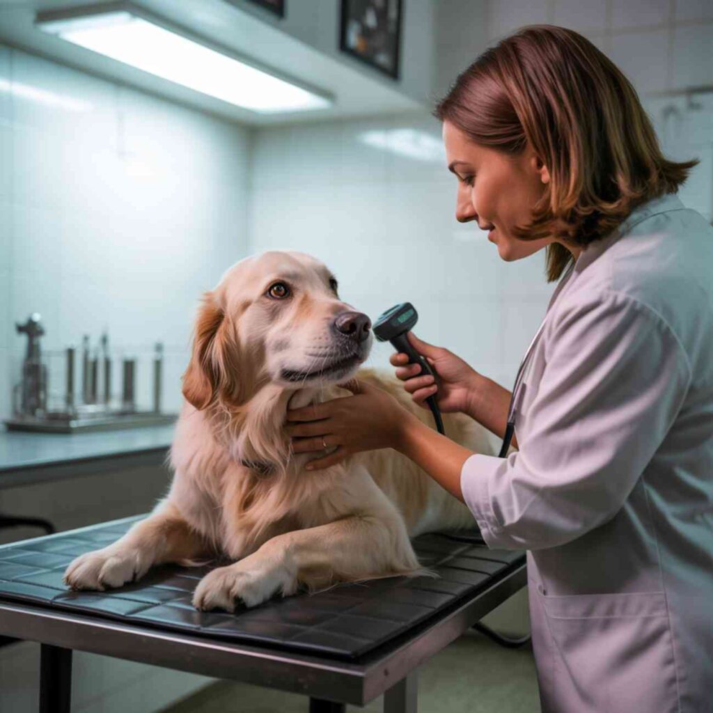 Vétérinaire examinant un chien golden retriever allongé sur une table de consultation