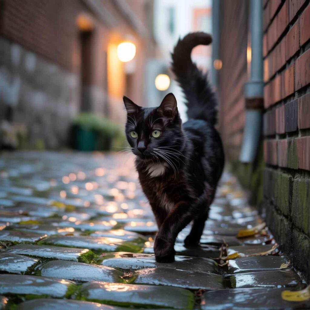 Chat noir errant dans une ruelle pavée mouillée, éclairée par des lampadaires urbains
