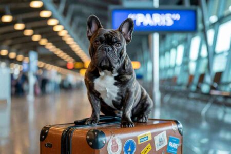 Bouledogue français assis sur une valise décorée, dans un aéroport avec un panneau indiquant Paris