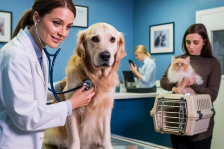 Une vétérinaire examine un chien sur la table de consultation pendant qu’une assistante accueille une cliente anxieuse tenant un chat dans une caisse de transport, dans une clinique vétérinaire moderne.