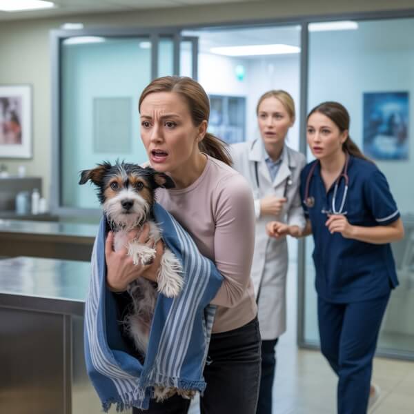 Une femme entre précipitamment dans une clinique vétérinaire, portant un chien blessé dans ses bras, accompagnée d’une assistante en blouse bleue, illustrant une situation d’urgence imprévue.