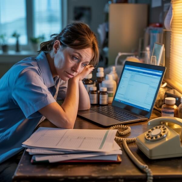Une vétérinaire assise à son bureau en fin de journée, l’air épuisé, entourée de papiers, d’un ordinateur portable et d’un téléphone, illustrant la surcharge de travail administratif en clinique vétérinaire.
