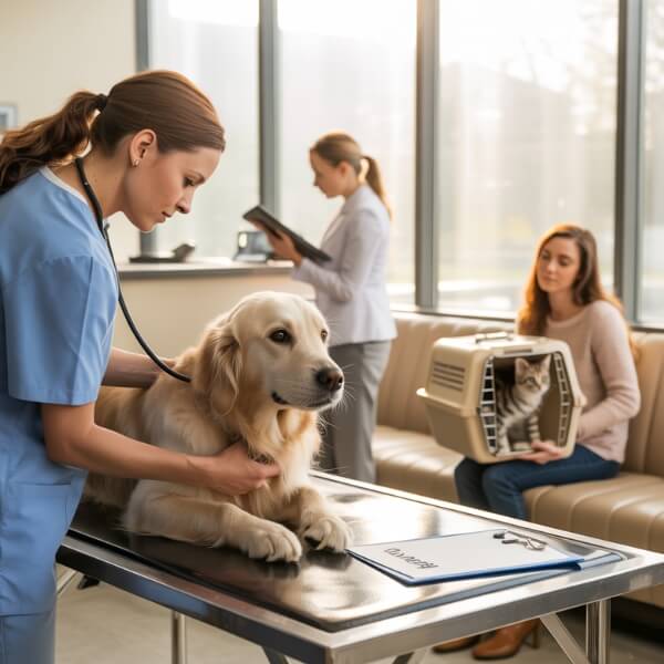 Un vétérinaire effectue un examen médical sur un chien sur la table d’auscultation pendant qu’une assistante vétérinaire accueille une cliente inquiète tenant un chat dans une caisse, dans une clinique lumineuse et moderne.