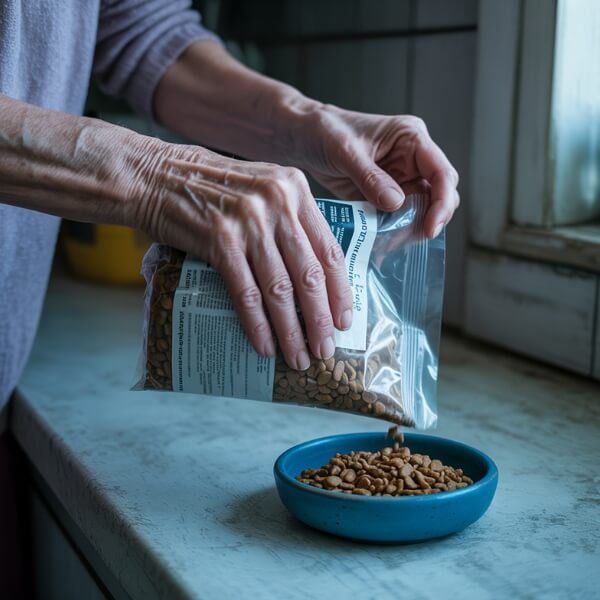 Les mains d'une femme versant des croquettes d'un sachet dans une gamelle bleue posée sur un plan de travail de cuisine