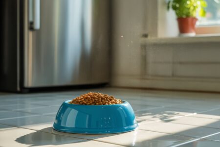 Une gamelle bleue pour chat remplie de croquettes posée sur le carrelage blanc d'une cuisine, éclairée par la lumière naturelle du matin