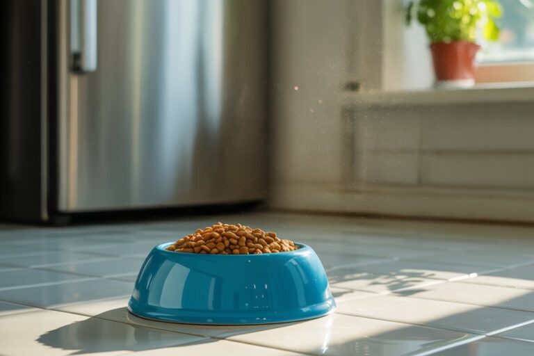 Une gamelle bleue pour chat remplie de croquettes posée sur le carrelage blanc d'une cuisine, éclairée par la lumière naturelle du matin