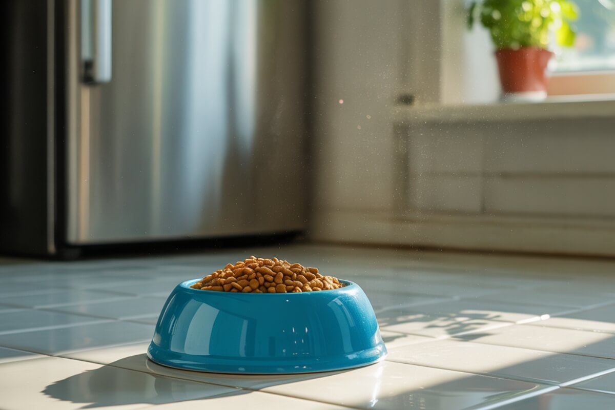 Une gamelle bleue pour chat remplie de croquettes posée sur le carrelage blanc d'une cuisine, éclairée par la lumière naturelle du matin
