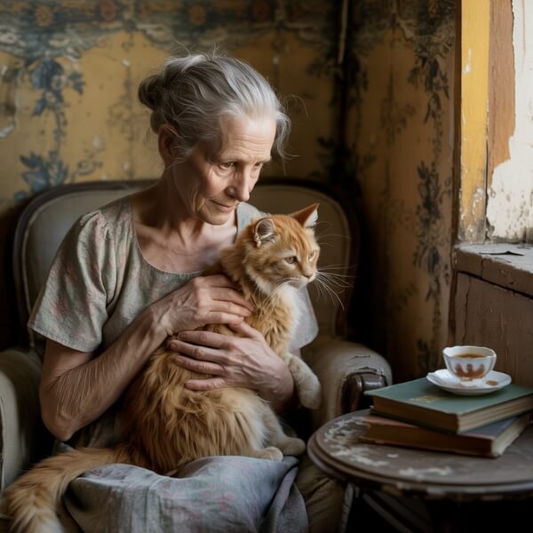 Une personne âgée précaire serre un chat dans ses bras, symbole du lien affectif essentiel entre les plus vulnérables et leurs animaux sous le règne de Macron.