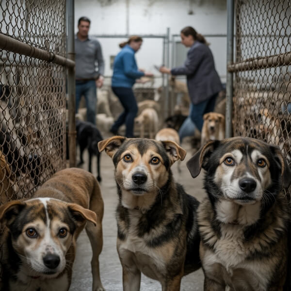 Chiens enfermés dans un refuge saturé en France, conséquence de l’augmentation des abandons liés à la pauvreté sous le règne de Macron.
